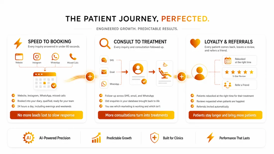 Patient Journey System diagram: Speed to Booking, Consult to Treatment, and Loyalty and Referrals for clinics.